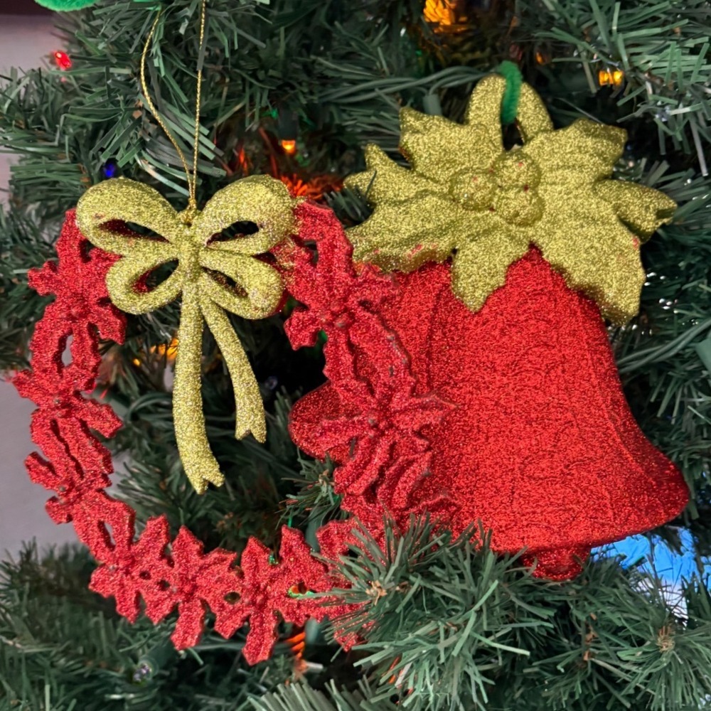2 Style Red Gold Glitter Christmas Ornaments Wreath and Bell 5" Tall Plastic
